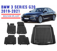 Rezaw-Plast Floor Mats Trunk Liner Set for BMW 3 Series G20 2019-2021 Black