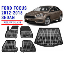 Rezaw-Plast Floor Mats Trunk Liner Set for Ford Focus 2012-2018 Sedan Black